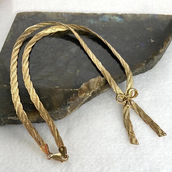 Gold Vermeil Sterling Silver 925 Italy Bow Herringbone Necklace & Bracelet Set - Picture 13 of 16